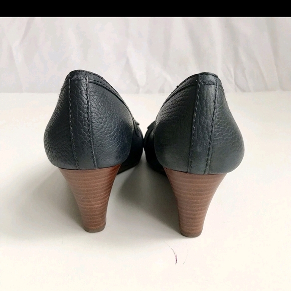 Tory Burch Blue Leather Peep Toe Wood Wedge Sandal Gold Square Emblem 6.5M - Picture 10 of 10